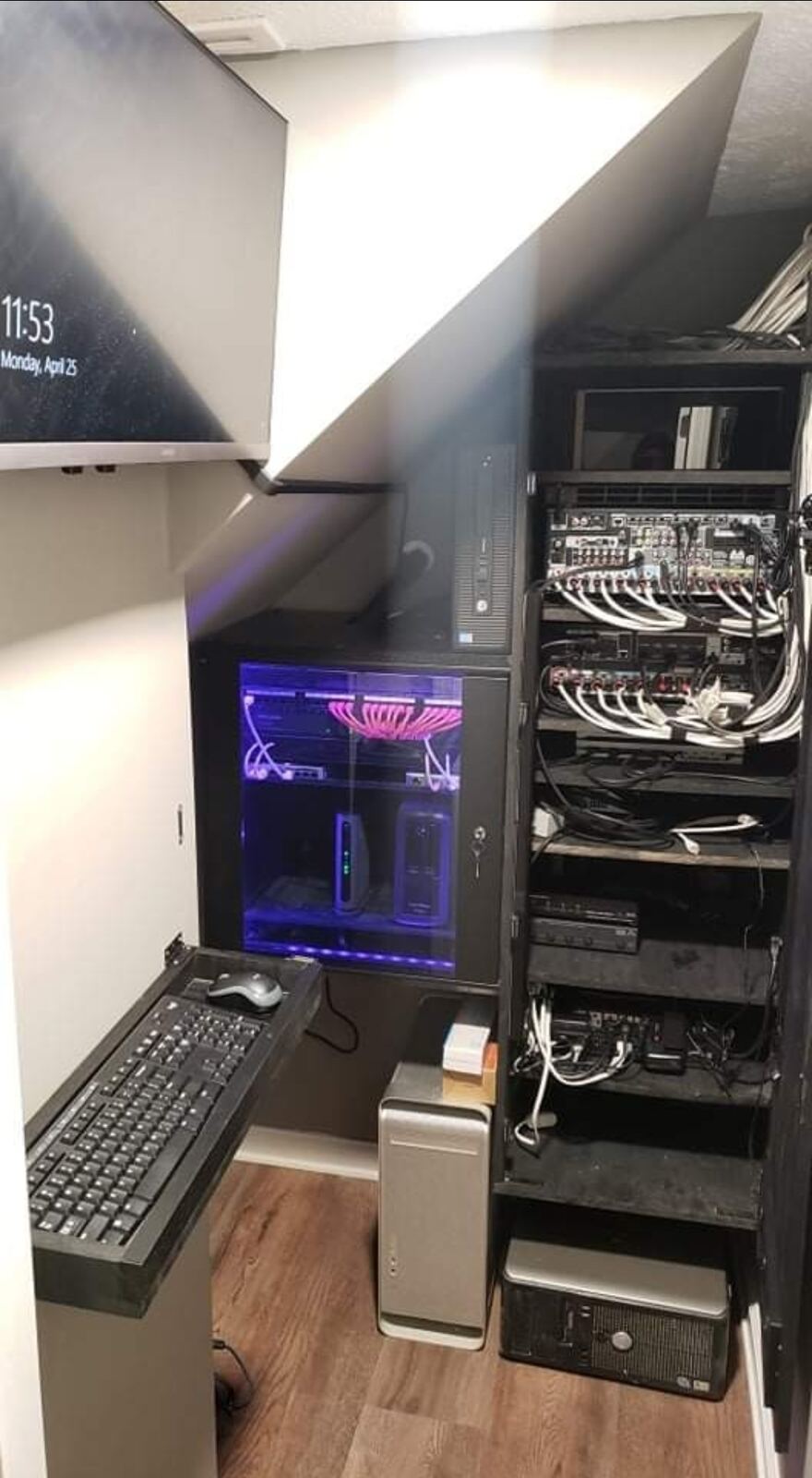 Full home network closet with server rack and equipment