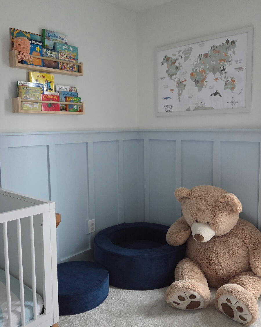 Built-in shelving in a nursery corner